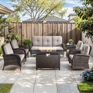 7 Pieces Outdoor Patio Furniture Set with Fire Pit Table, Rattan Wicker Sectional Swivel Rocker Chairs Sets - 1 of 4