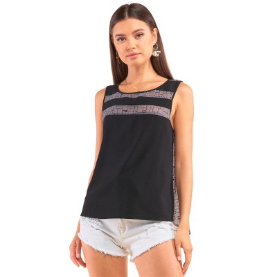 Slickblue Sleeveless Mesh Top, Women's Brick Pattern Blouse with Stripe Detail, Relaxed Fit, S, Grey