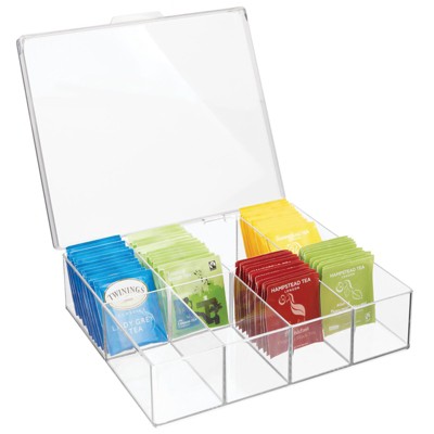 mDesign Plastic Tea Bag Divided Storage Organizer Box, Hinge Lid, Clear