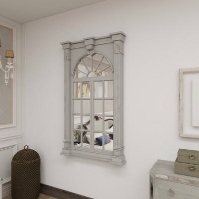 Cream Wood Windowpane Arched Wall Mirror with Distressed Finish