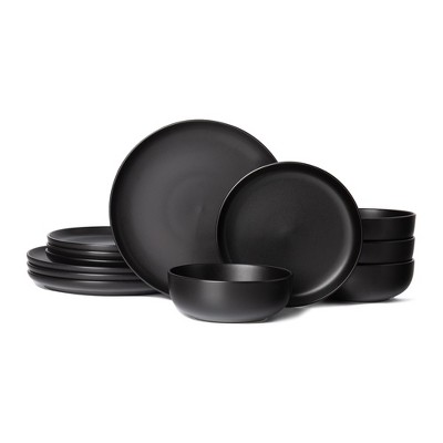 Syemin Dining Bowls 4 Person Stoneware Dinnerware Set Microwave Dishwasher Safe Chip-Resistant Matte Glaze Stackable Storage, Black, 10"*10"*2.4"