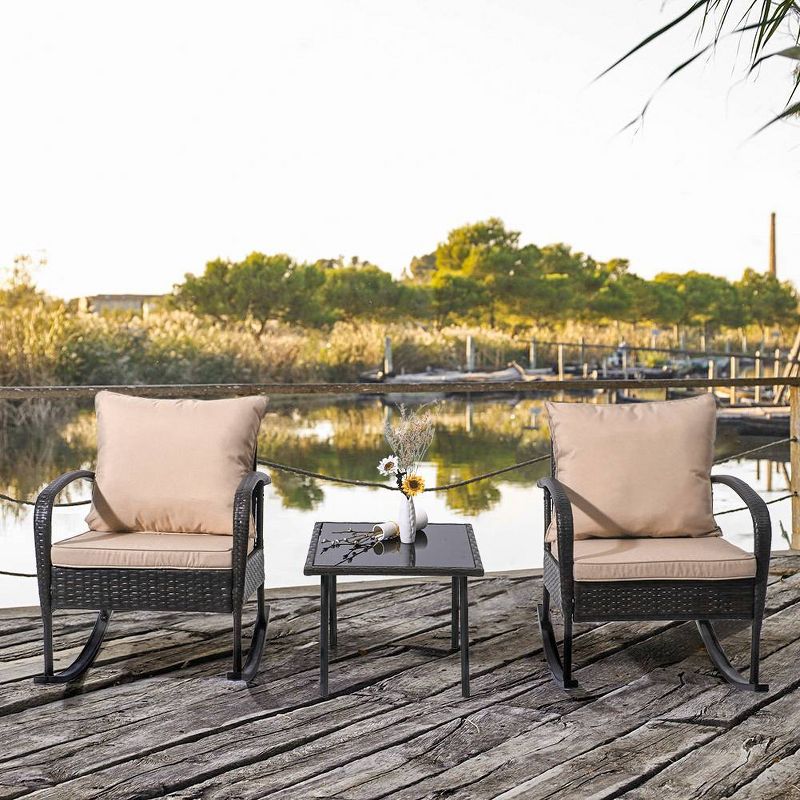 3pc Outdoor Wicker Rattan Rocking Chairs with Glass Top Table - Tan - Crestlive Products, 5 of 6