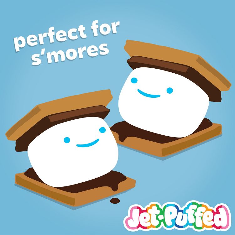 Two cartoon marshmallows with smiling faces are sandwiched between chocolate and graham crackers, with the text "perfect for s'mores" above and "Jet-Puffed" logo below.