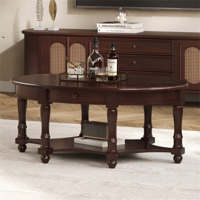 RISOKEYS 45" Vintage Oval Coffee Table - Oval Coffee Table with Drawer and Storage Shelf, Antique Cocktail Table for Living Room