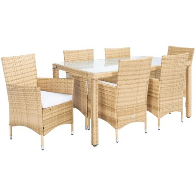 Natural Wicker 6-Person Outdoor Dining Set with Glass Table
