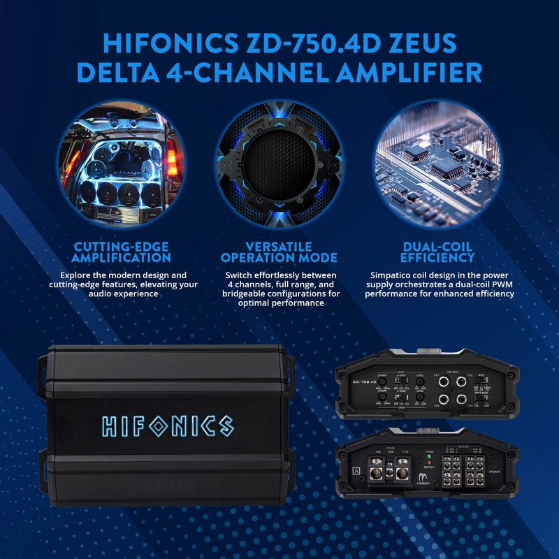 Hifonics Zeus Delta 750 Watt Compact 4 Channel Nickel Plated Mobile Car Audio Amplifier with Auto Turn On Feature, ZD-750.4D, Black, 3 of 7