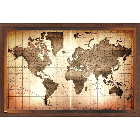 Trends International Map - Brown Framed Wall Poster Prints Mahogany ...