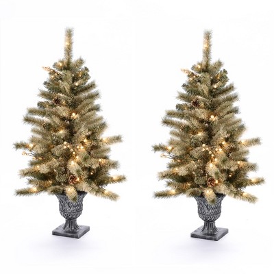 LuxenHome Set of 2 Small Christmas Tree, 4.2Ft Artificial Prelit Flocked Pine Christmas Tree with Pinecones and Urn Pot Green