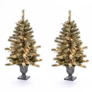 LuxenHome Set of 2 Small Christmas Tree, 4.2Ft Artificial Prelit Flocked Pine Christmas Tree with Pinecones and Urn Pot Green - 1 of 4