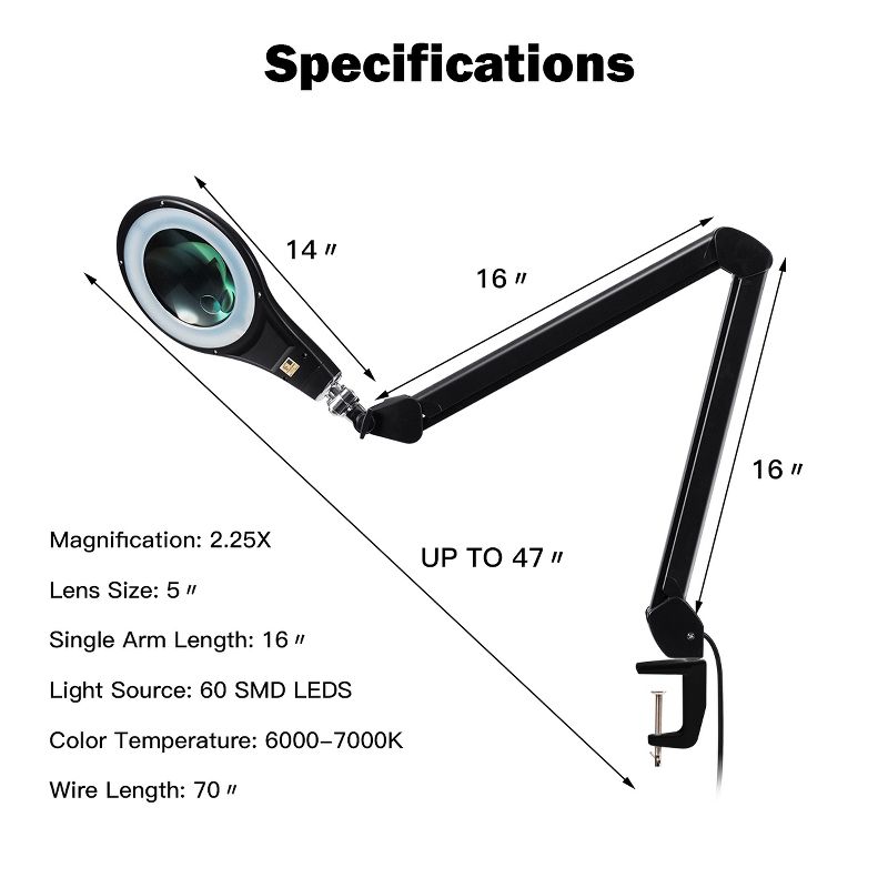 LED Magnifying Glass Desk Lamp w/ Swivel Arm & Clamp 2.25x Magnification Black, 5 of 9