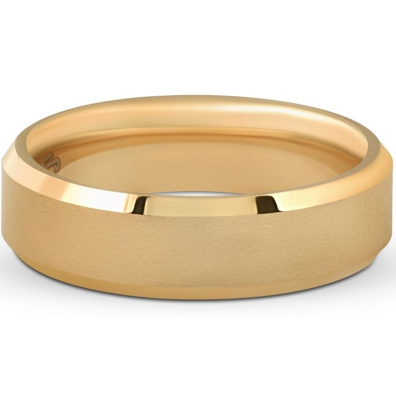 Pompeii3 Mens Gold Plated Tungsten Ring 6mm Comfort Fit Brushed Beveled Edge Wedding Band, 1 of 5