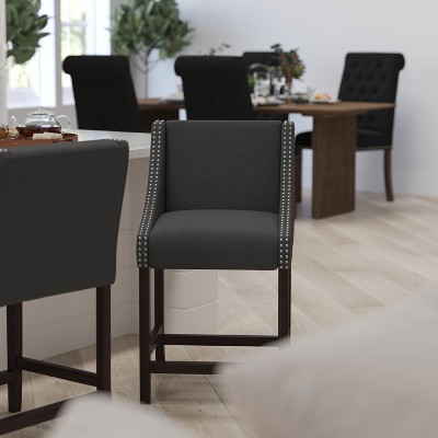 32" Walnut Wood Counter Stool with Charcoal Fabric Upholstery