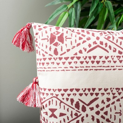 Landria 16" Beige and Red Geometric Throw Pillow with Tassels