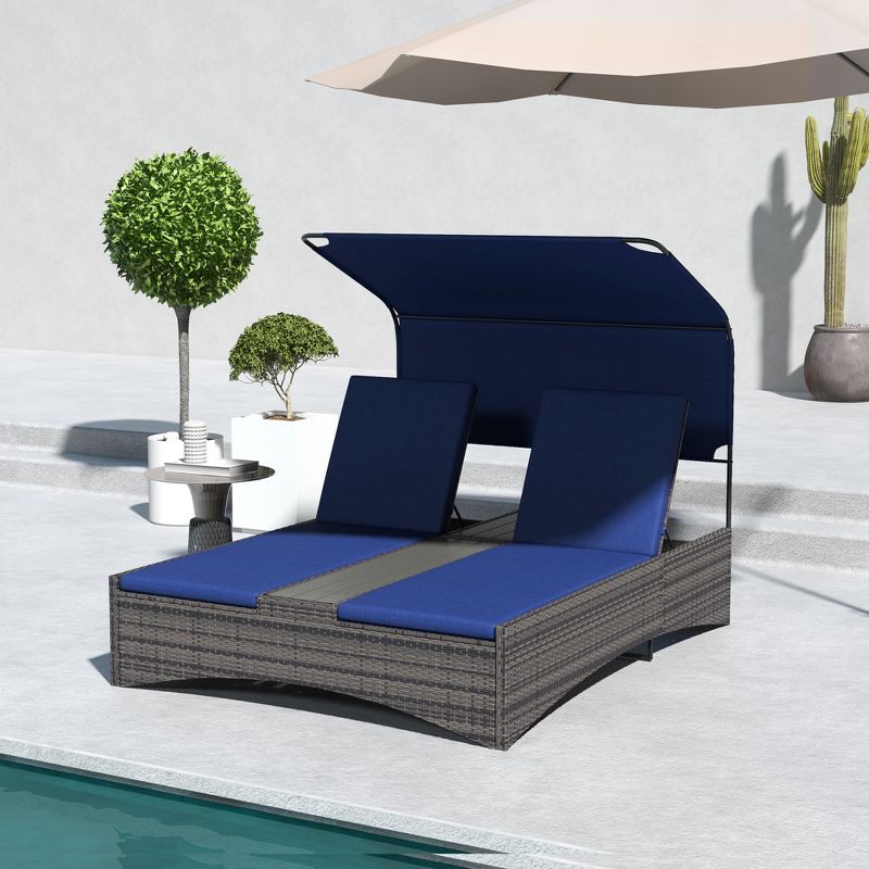 Outsunny 5-Position Reclining Cushioned PE Rattan Outdoor Double Chaise Lounge with Canopy, Dark Blue, 2 of 7