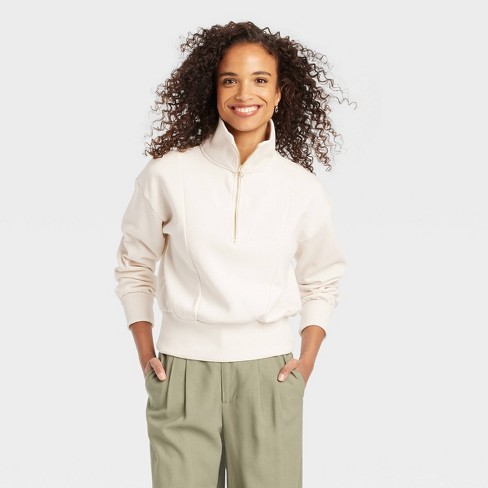 Women s Quarter Zip Sweatshirt A New Day Cream M Target