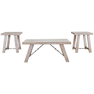 Beige Acacia Wood Rectangular Coffee & End Table Set