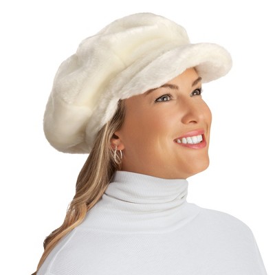 Collections Etc Faux Fur Newsboy Winter Hat, Stylish Plush Cap