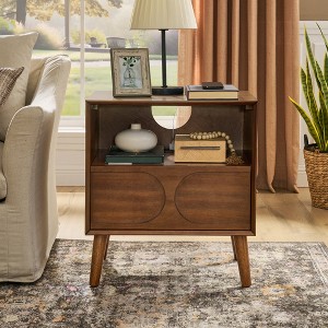MAYEERTY Mid Century Modern Fluted Nightstands with Charging Station Solid Wood Legs with Open Space and Drawer Dresser Walnut for Bedroom - 1 of 4