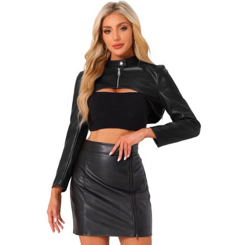 INSPIRE CHIC Women's Faux Leather Cropped Stand Collar Zipper Front Moto Biker Long Sleeve Jacket X-Small Black