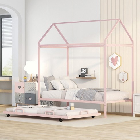 Twin Size Kids Metal House Platform Bed With Trundle, Pink, 4l ...