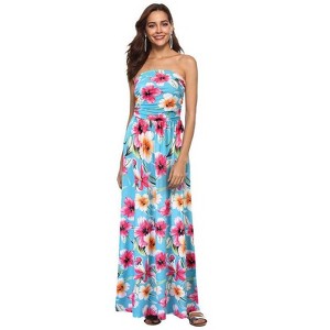 Coolmee Women's Summer Floral Dress Casual Sexy Strapless Party Wedding Guest Beach Formal Maxi Dress - 1 of 4