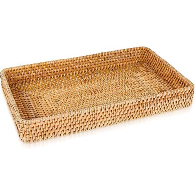 BRINJOY Rectangular Woven Storage Basket - 14.6x9 inch Handwoven Rattan Tray for Kitchen, Dining Table Decor & Organization