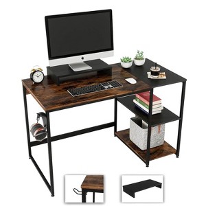 Nost & Host Computer Home Office Desk with Metal Frame, Stand, Under Desk Storage Shelves, and Working Table for Small Bedroom Space, Rustic Brown - 1 of 4