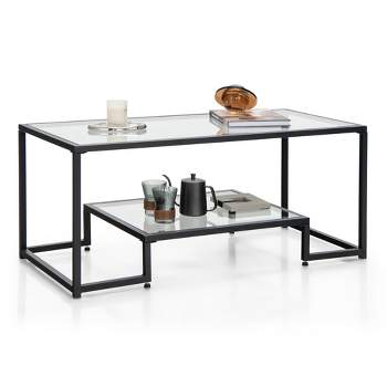 Costway Glass Coffee Table Modern Rectangular Coffee Table Metal Frame For Living Room