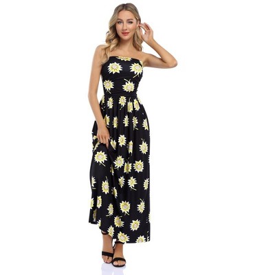 Women Strapless Floral Print Bohemian Boho Maxi Dress Casual Off Shoulder Beach Party Dress with Pockets