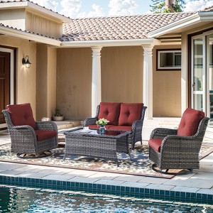 Gymojoy 5 Piece Outdoor Wicker Loveseat Sofa with Patio Swivel Glider Chairs with Coffee Table and Side Table - 1 of 4