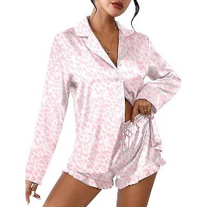 Ekouaer Womens Satin Pajama Sets Long Sleeve Top and Shorts Lounge Set Button Down Sleepwear - 1 of 4