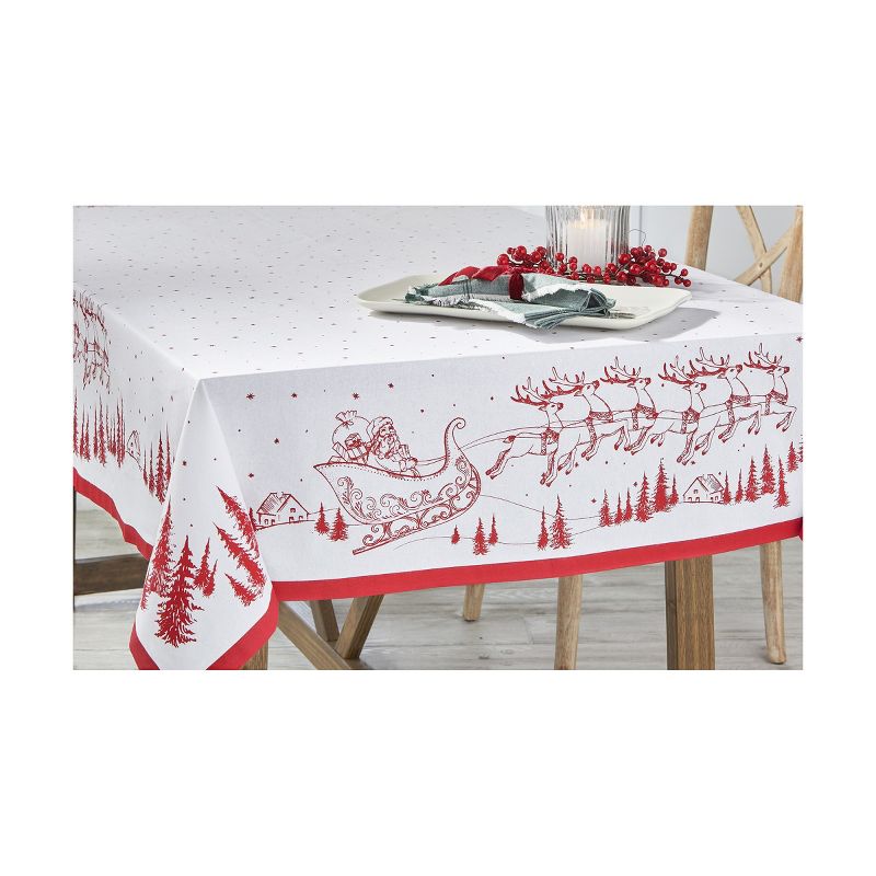 tagltd Border Embroidered Red Santa and Sleigh in Forest White Background Cotton Tablecloth, 84.0 x 60 in., 2 of 3