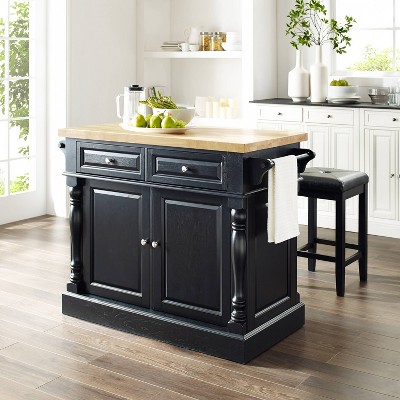 Oxford Black Butcher Block Kitchen Island with Cushioned Stools