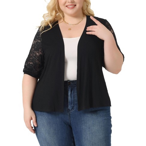 Agnes Orinda Women's Plus Size Lightweight Lace Half Sleeve Open Front  Cardigan Black 4X