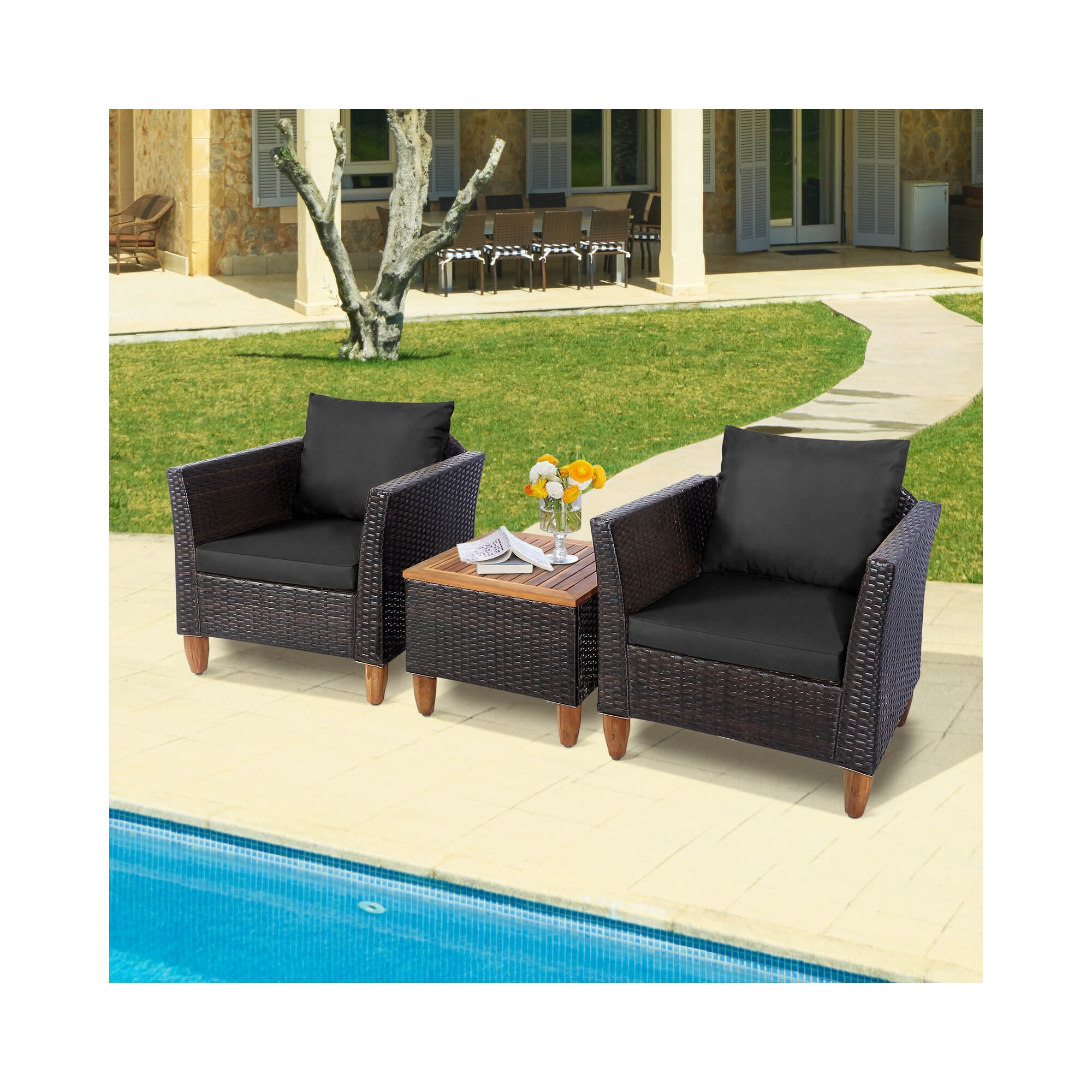 Costway 3PCS Patio Wicker Rattan Sofa Set Furniture Outdoor Acacia Wood Conversation Black