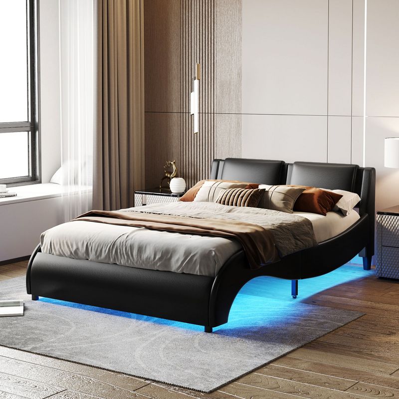 Upholstered Faux Leather Platform Bed with LED Light Bed Frame with Slatted-ModernLuxe, 1 of 12