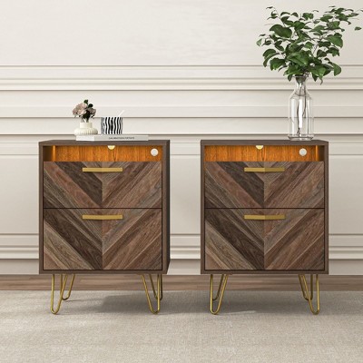 Resenkos Modern Night Stand Set of 2 with Mobile APP Remote Light, Jointed Wood Grain Bedside Table for Bedroom Rustic