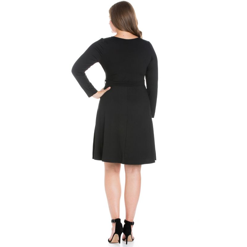 24seven Comfort Apparel Chic V-Neck Long Sleeve Belted Plus Size Dress, 3 of 5