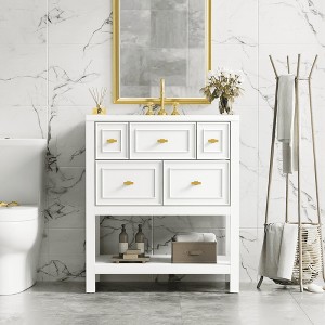 Wooakway 30"L Blue Freestanding Bathroom Vanity with Ceramic Sink 5 Drawers Solid Wood Frame - 1 of 4