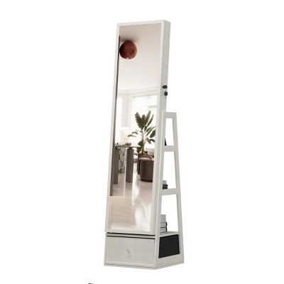 GlasFlength Full Length Mirrors Jewelry Mirror Cabinet Standing with Hidden Wheels 3 Storage Shelves for Room, White, 15.8"*15.8"*65"