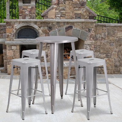 Silver Metal Indoor-Outdoor Round Bar Table Set with 4 Backless Stools