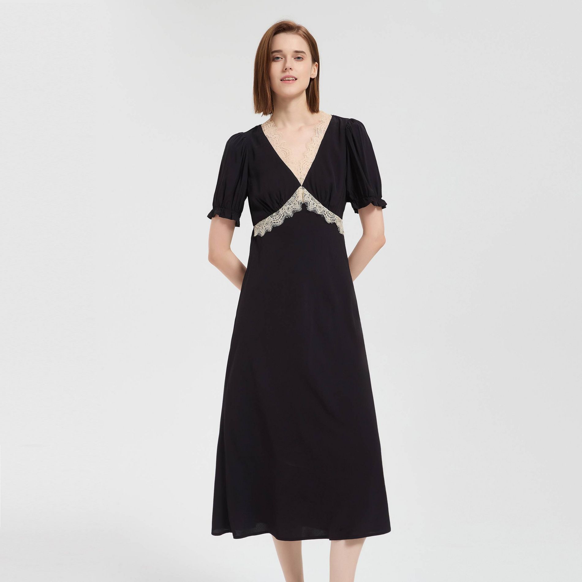 Women's Puff Short Sleeve Lace Trim Midi Dress - A New Day™