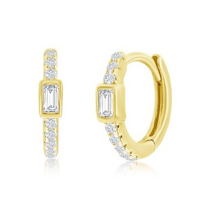 Bella Silver Sterling Silver 11MM Center Rectangle CZ Huggie Hoop Earrings - Gold Plated - Gold - 1 of 2