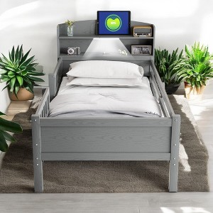 Mshliw Twin Size Wooden Platform Bed with LED Light, Charging Ports, Headboard Storage, Guardrail and 2 Drawers, No Box Spring Needed - 1 of 4