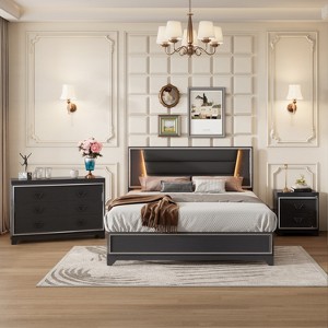 3-Piece Bedroom Set, Queen Size Upholstered Bed with LED Lights, Nightstand and Dresser with Metal Handles 4S - ModernLuxe - 1 of 4