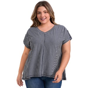 GRACE & GRANDEUR Women's Plus Size Drop Shoulder Vertical Stripe Short Sleeve V Neck Blouses - 1 of 4