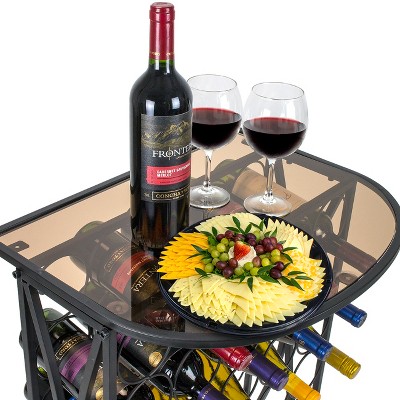 Black Metal Wine Rack Stand with Glass Tabletop for 30 Bottles