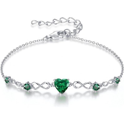 Infinity Heart Birthstone Bracelet, 925 Sterling Silver Adjustable Charm Link Jewelry, Gift for Women Wife Mom