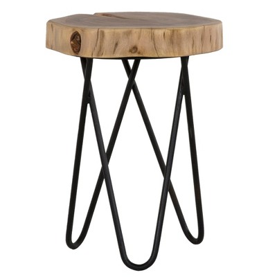 FONTOI End Table Acacia Wood End Table Modern Accent Stool with Metal Hairpin Legs for Living Room Decor and Bedroom, Black Brown, 12"*12"*18"