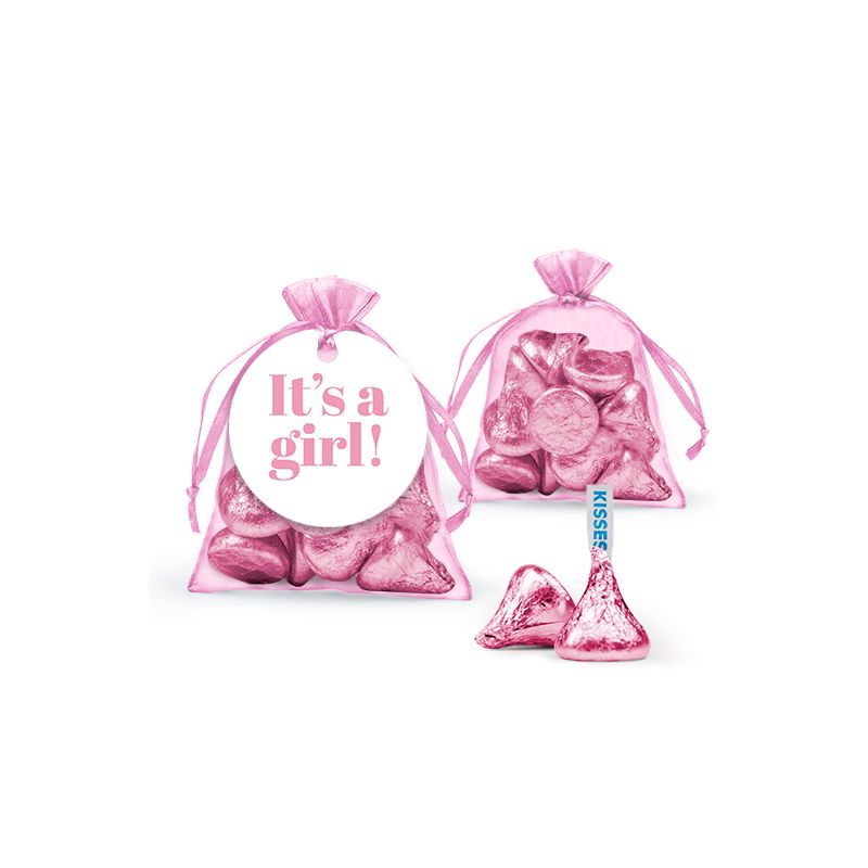 12ct It's a Girl Candy Baby Shower Party Favors Organza Bags with Milk Chocolate Kisses (12 Pack), 1 of 2